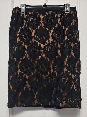 Talbots Black Floral Lace Pencil Skirt with Nude Lining